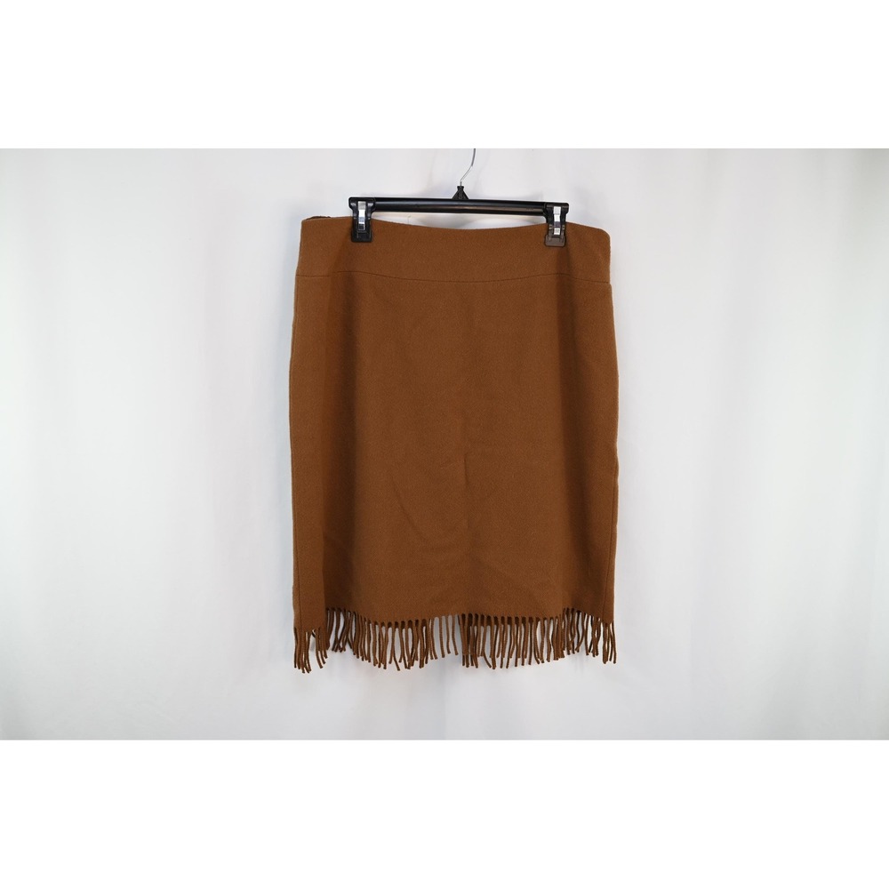 Vintage Jones New York Brown Wool Fringed Skirt Size 16 Solid Classic Mid-Length